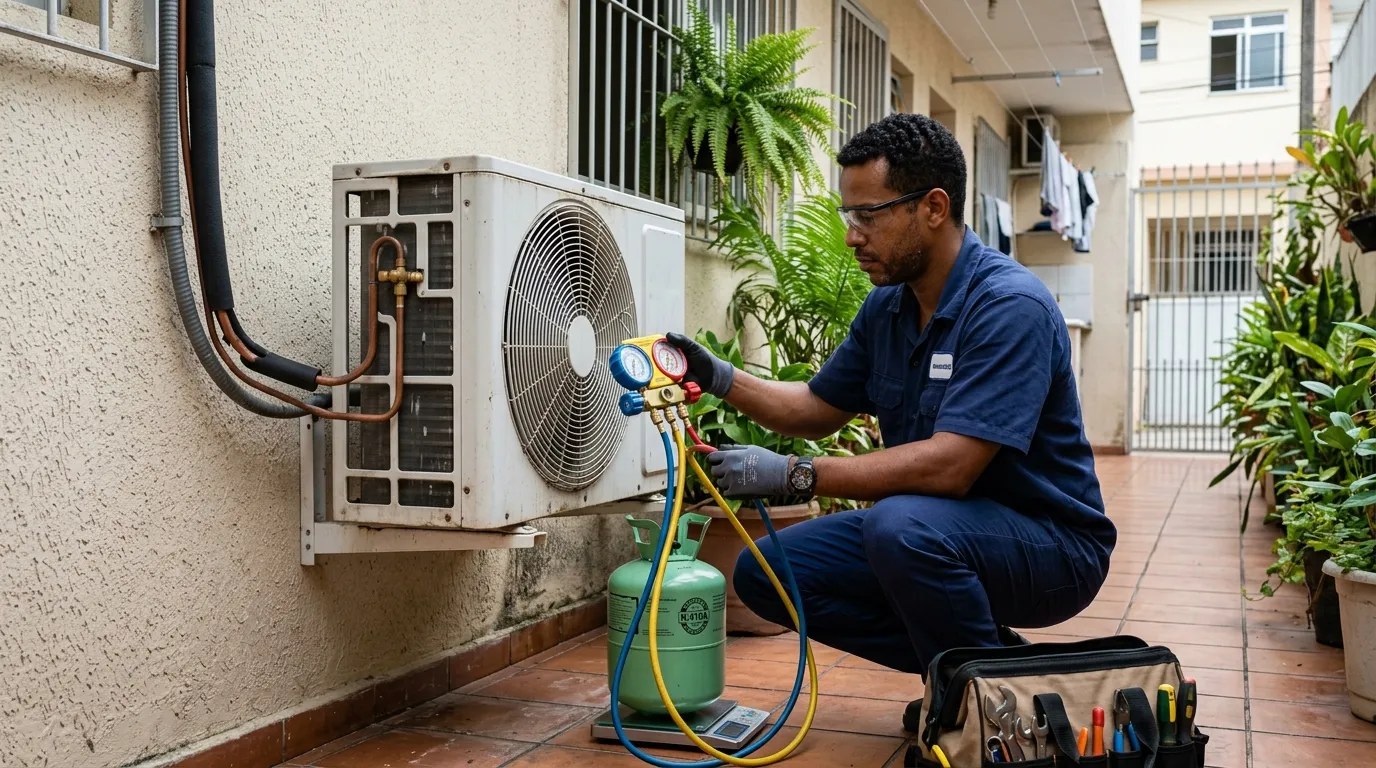 Técnico fazendo carga de gás na condensadora do ar-condicionado em Taubaté‑SP
