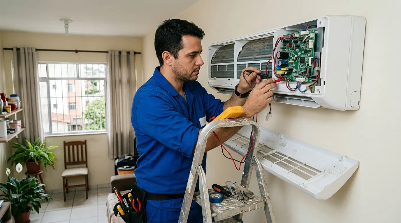 Técnico trocando a placa eletrônica de ar-condicionado split em Taubaté‑SP
