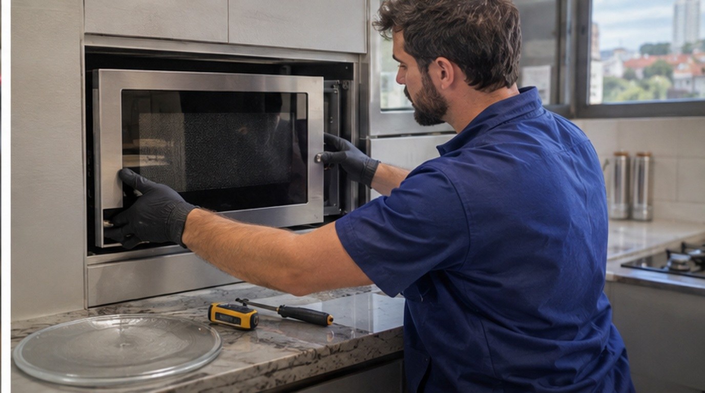 Conserto de micro-ondas de embutir em Taubaté‑SP: técnico encaixando o aparelho no armário