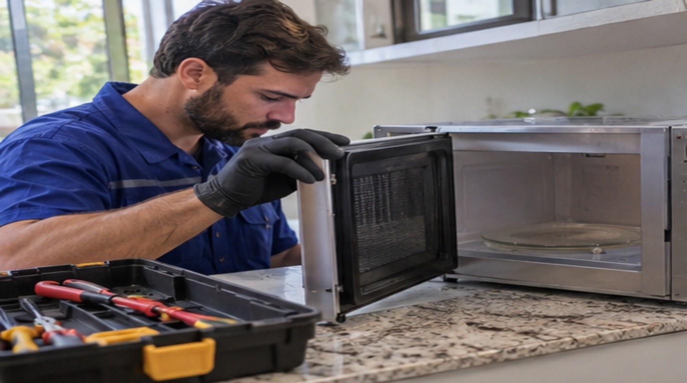 Conserto de micro-ondas em Taubaté‑SP: técnico abrindo um micro-ondas de bancada