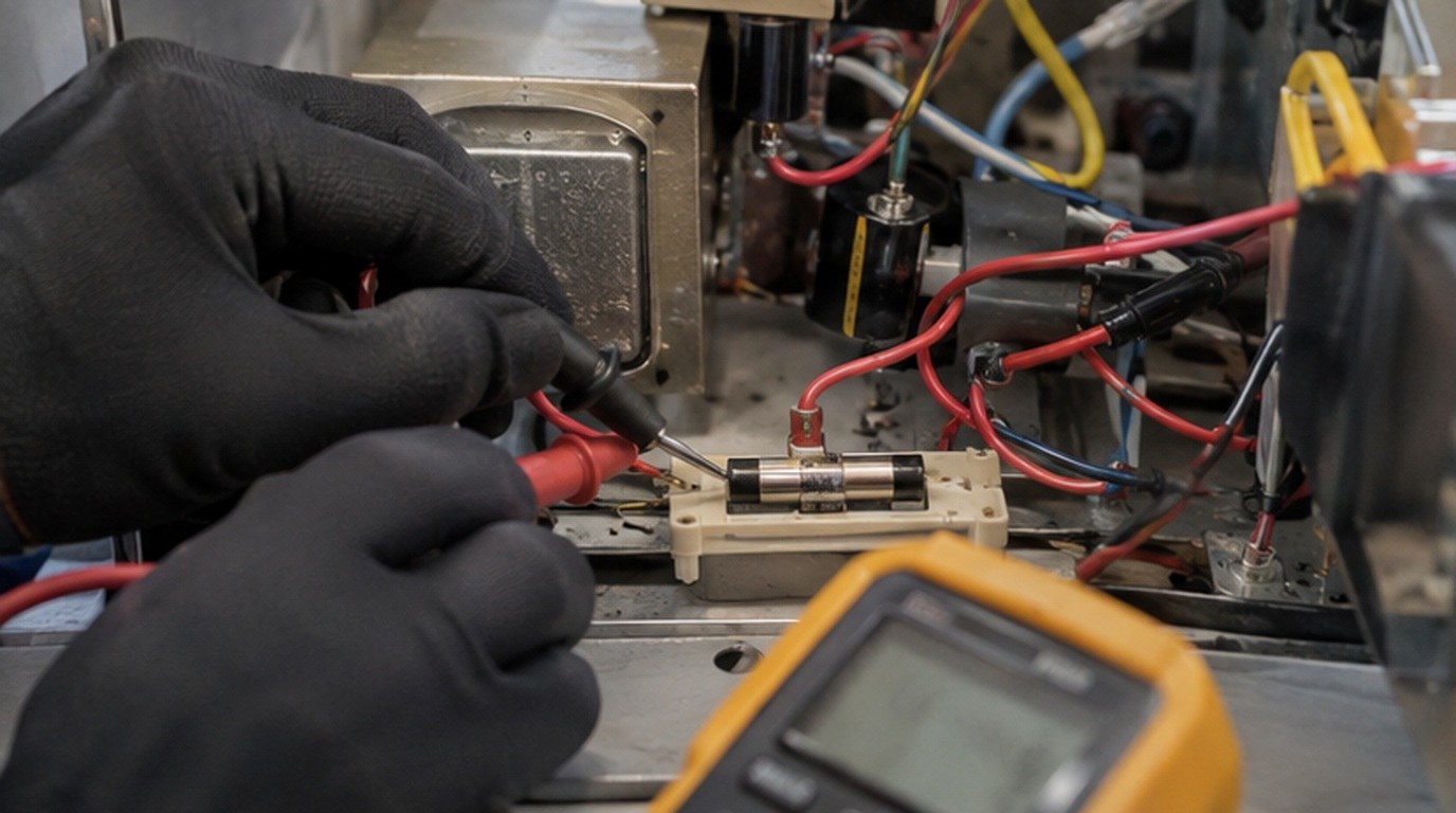 Conserto de micro-ondas em Taubaté‑SP: teste do fusível e do diodo de alta tensão