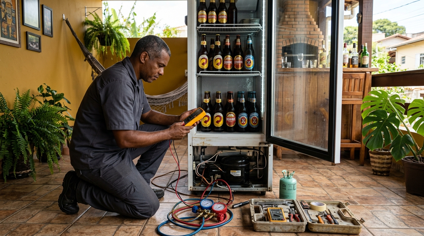 Placa eletrônica de cervejeira em reparo na bancada em Taubaté‑SP