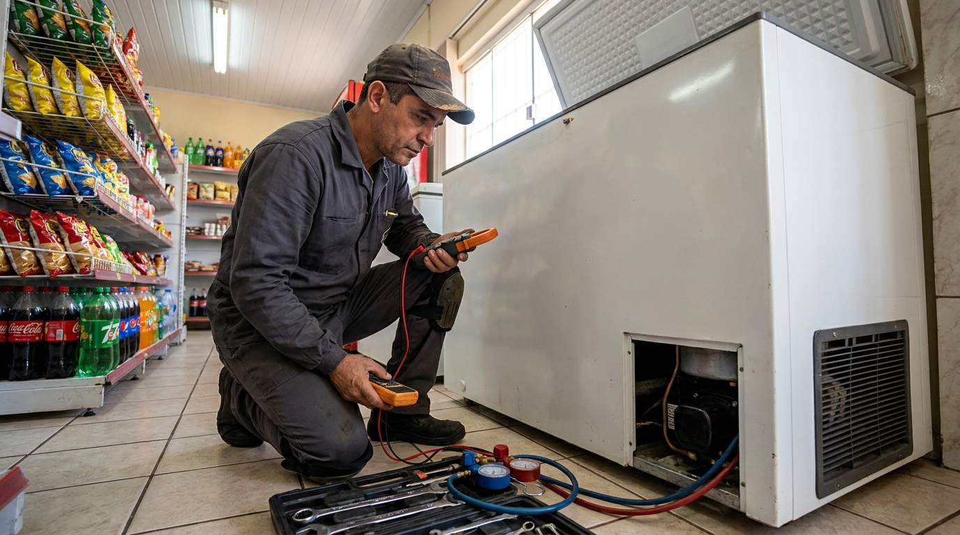 Reparo da placa eletrônica de um freezer em atendimento no Areão, Taubaté‑SP