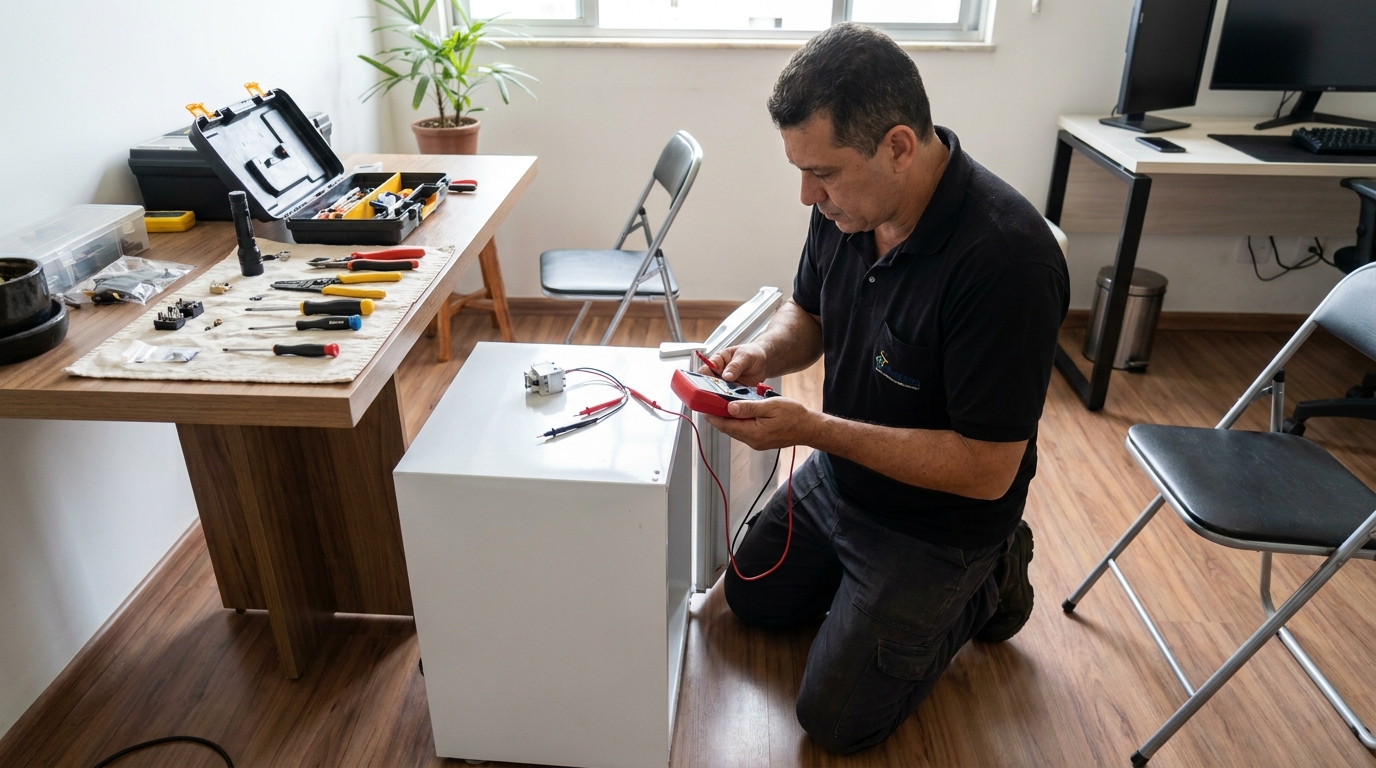Manutenção da placa eletrônica de um frigobar no CECAP, Taubaté‑SP