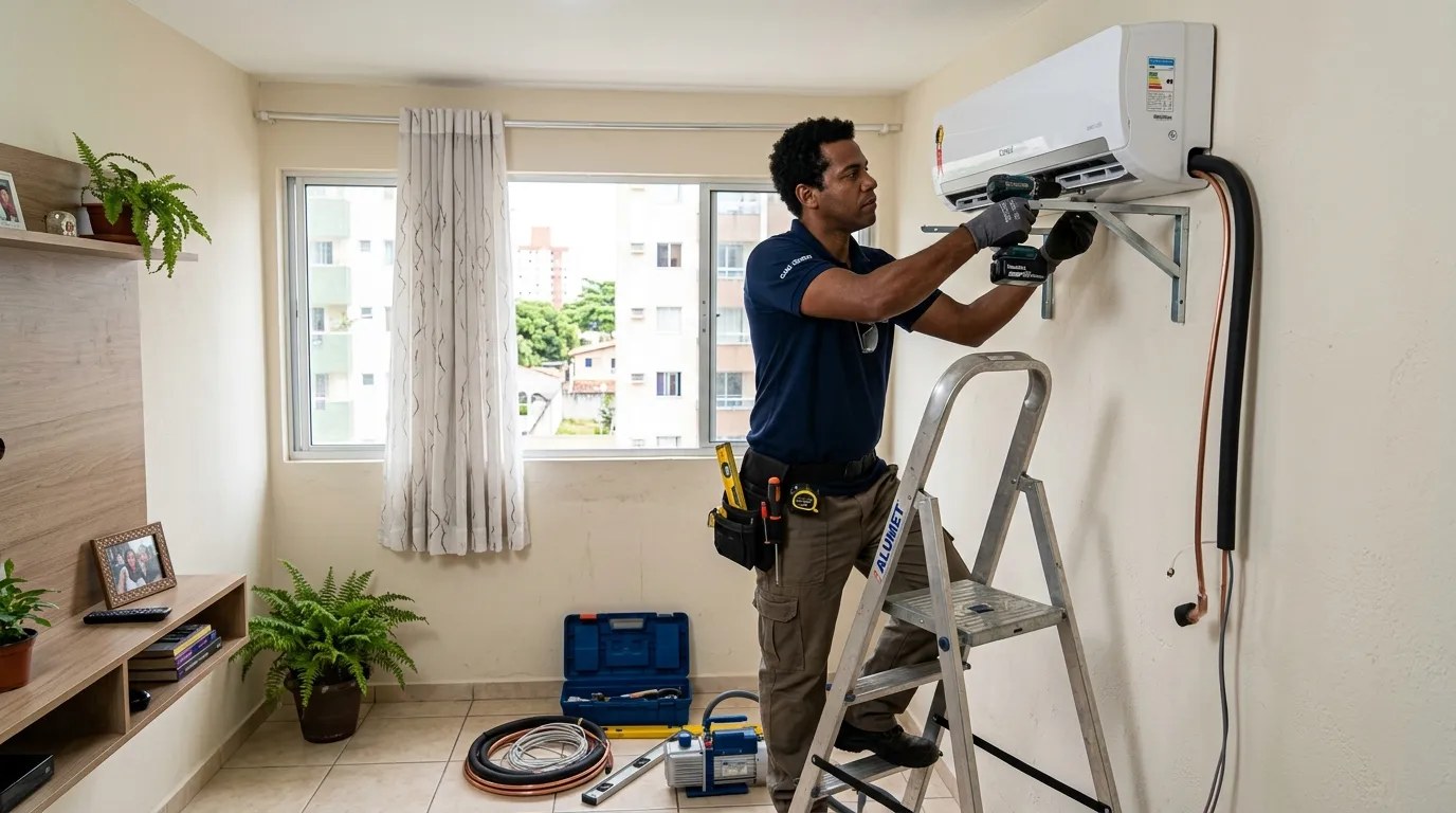 Técnico instalando ar-condicionado split em residência em Taubaté‑SP