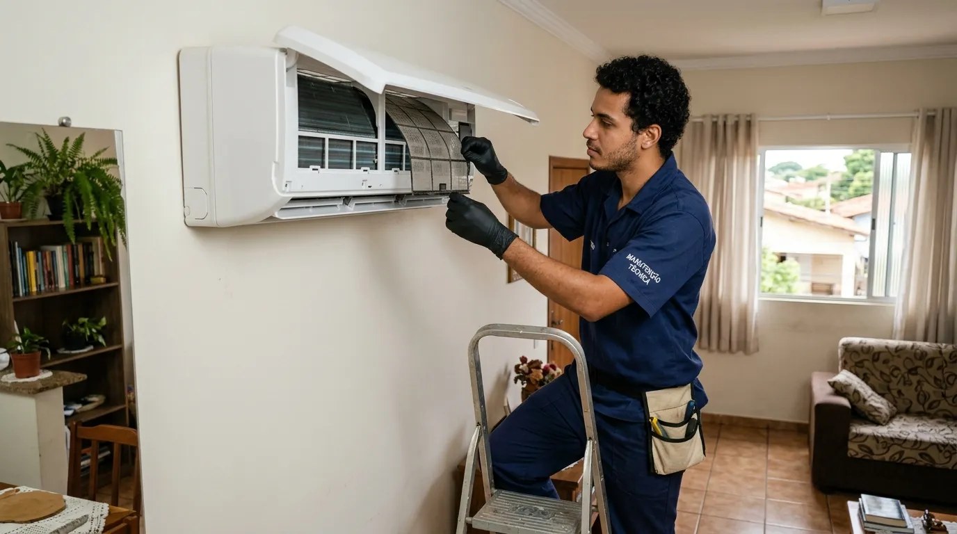 Técnico fazendo limpeza e higienização de ar-condicionado split em Taubaté‑SP