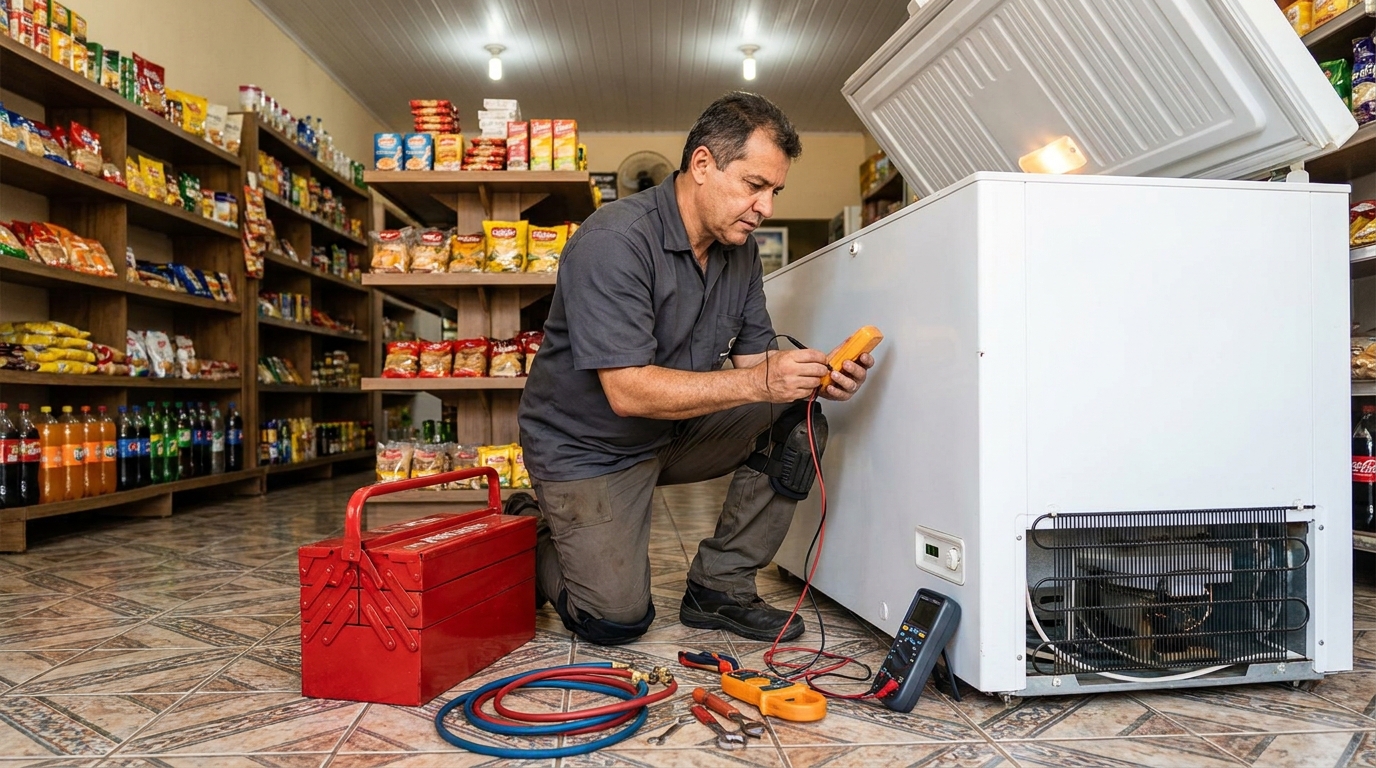 Manômetro conectado ao circuito durante recarga de gás de freezer no Areão, Taubaté‑SP