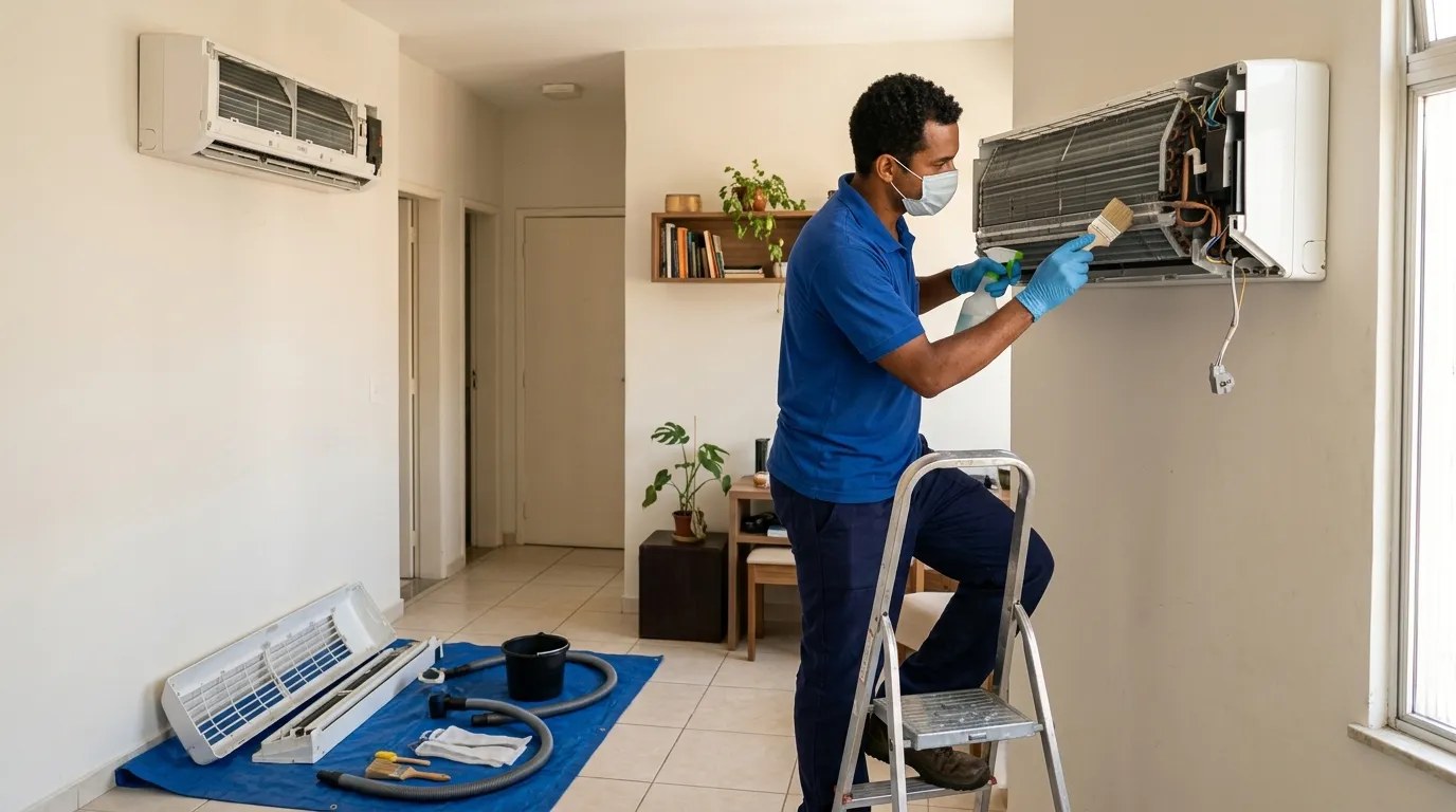 Técnico fazendo manutenção de ar-condicionado split em Taubaté‑SP