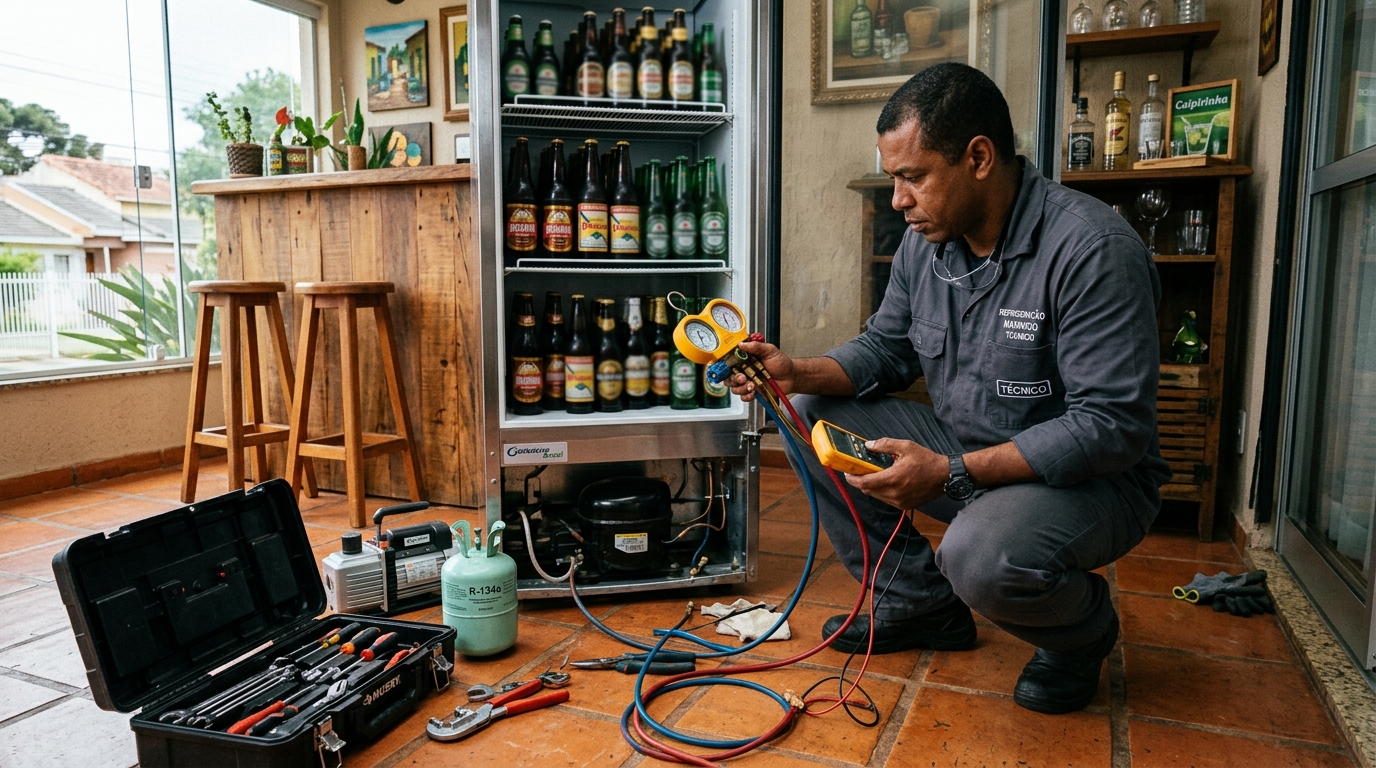 Técnico conferindo a temperatura de uma cervejeira durante atendimento em Taubaté‑SP