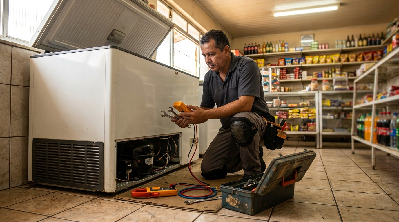 Técnico avaliando um freezer vertical durante atendimento no Areão, Taubaté‑SP