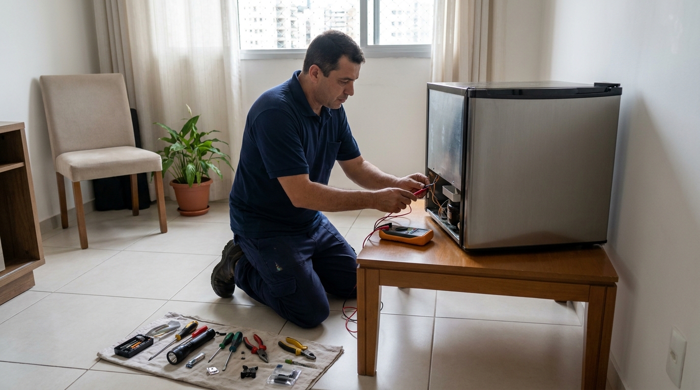 Técnico avaliando um frigobar compacto durante atendimento no CECAP, Taubaté‑SP