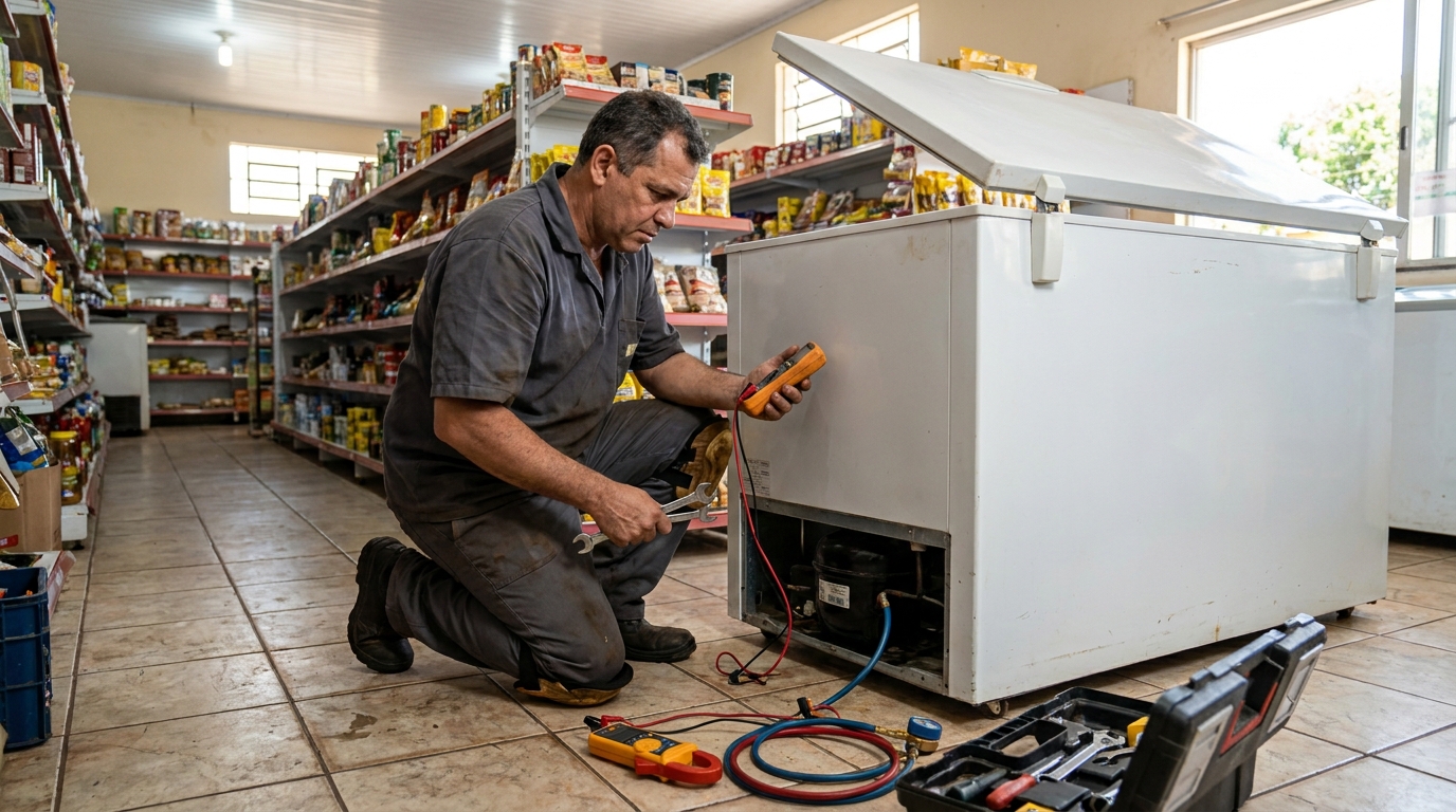 Troca de termostato de freezer em atendimento em Taubaté‑SP